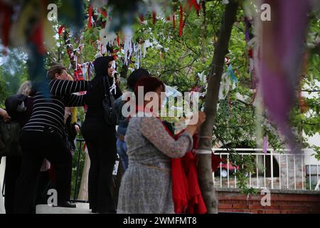 © Manoel Penicaud/Le Pictorium/MAXPPP - Buyukada 23/04/2014 Manoel Penicaud/Le Pictorium - 23/04/2014 - Turquie/Istanbul/Buyukada - Femmes accrochant leurs voeux aux Branches des arbres. La Figur de saint Georges compte parmi celles qui occasionnent le plus de Croisements Entré chretiens et musulmans en Mediterranee orientale. Au Large d'Istanbul, le monaste`re grec orthodoxe de Saint-Georges se dresse au sommet de l'i^le de BU?yu?kada, la plus grande des iles des Princes. La fe^te du saint, Celebree le 23 avril, rassembliert jusqu'a` 100 000 Personen, en Majorite Musulmanes. La pl Stockfoto